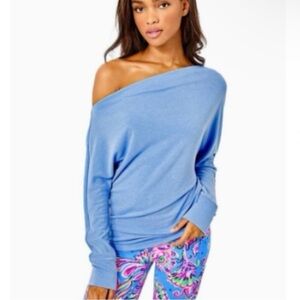 Lilly Pulitzer Sheera Off-Shoulder Top in Blue Size Large Tunic Stretch Coastal